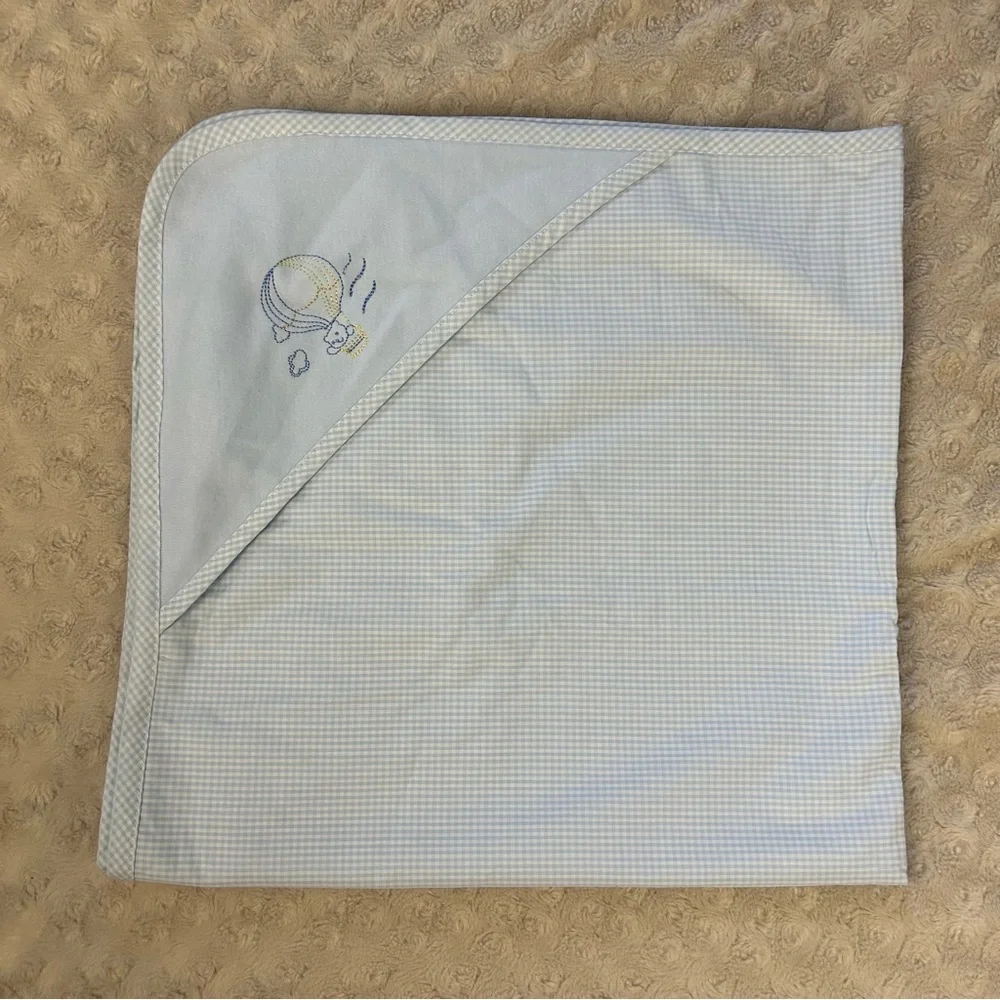 RN 59478 Teddy Bear Hot Air Balloon Hooded Towel Blanket Blue Gingham Plaid